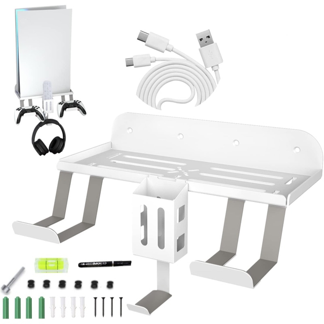 PS5 Wall Mount Kit - 6 in 1 Playstation 5 Wall Mount With 2 Way Magnetic Charging Cable, Detachable Controller Holder & Headphone Hanger, With Non-Slip Mat, White PS5 Mount Holder-White