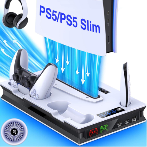 Cooling Station for PS5/PS5 Slim, with Controller Charger, Incl. 3 Levels Cooling Fan, 3 USB Hub, Headset Holder, Media Slot, LED Indicator