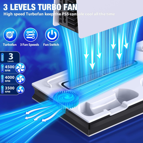 Cooling Station for PS5/PS5 Slim, with Controller Charger, Incl. 3 Levels Cooling Fan, 3 USB Hub, Headset Holder, Media Slot, LED Indicator