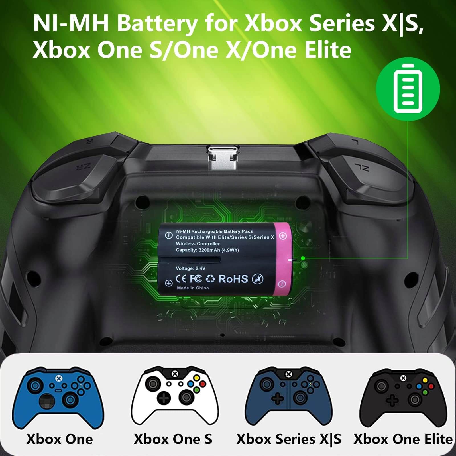  4 Pack 3200mAh Rechargeable Battery Packs for Xbox Series X/S, Xbox One S/One X/Elite Controllers